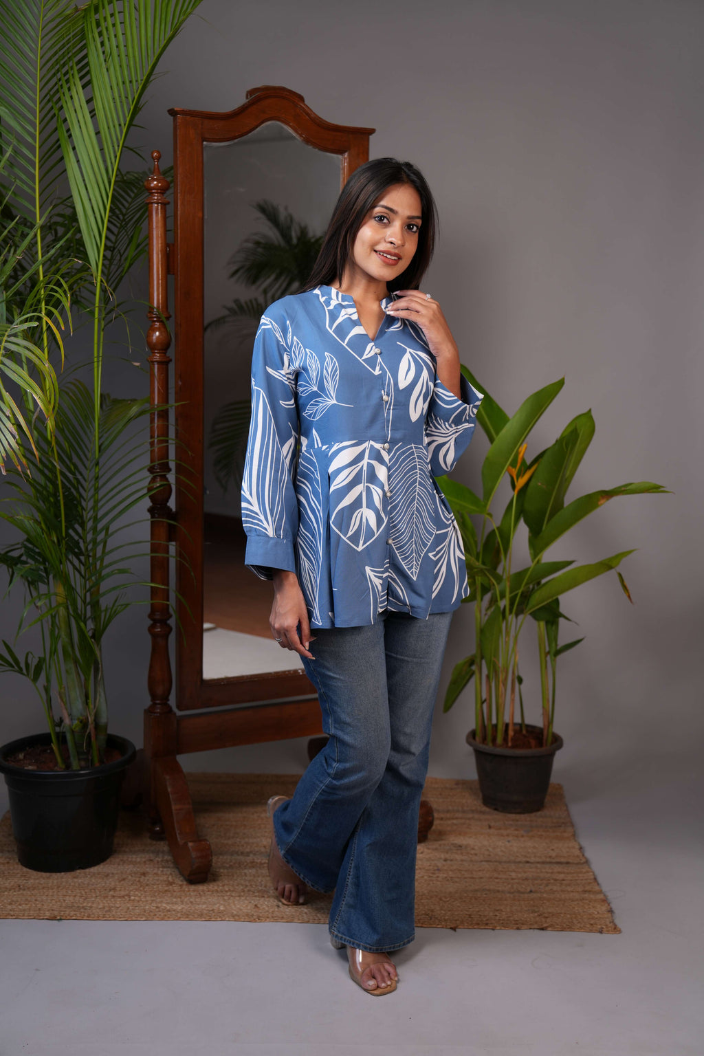 Women's Indigo Blue & White Leaf Print Peplum Tunic Top