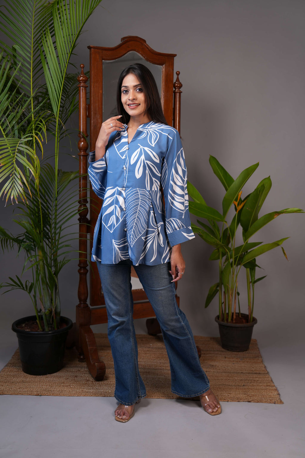 Women's Indigo Blue & White Leaf Print Peplum Tunic Top