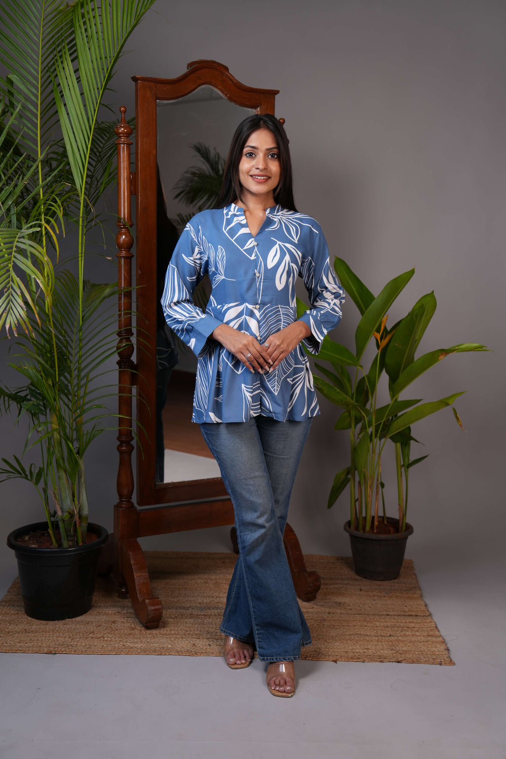 Women's Indigo Blue & White Leaf Print Peplum Tunic Top