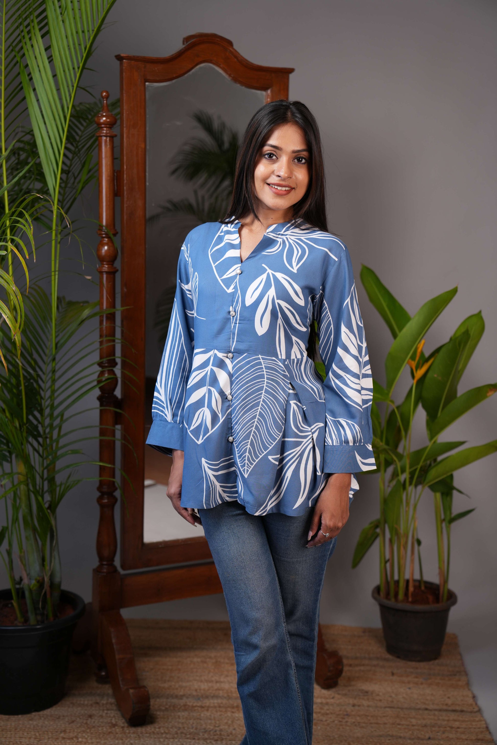 Women's Indigo Blue & White Leaf Print Peplum Tunic Top