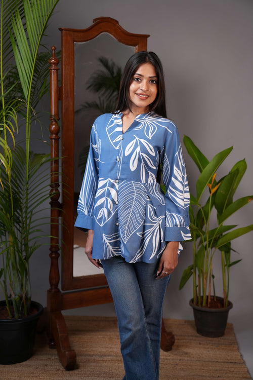 Women's Indigo Blue & White Leaf Print Peplum Tunic Top