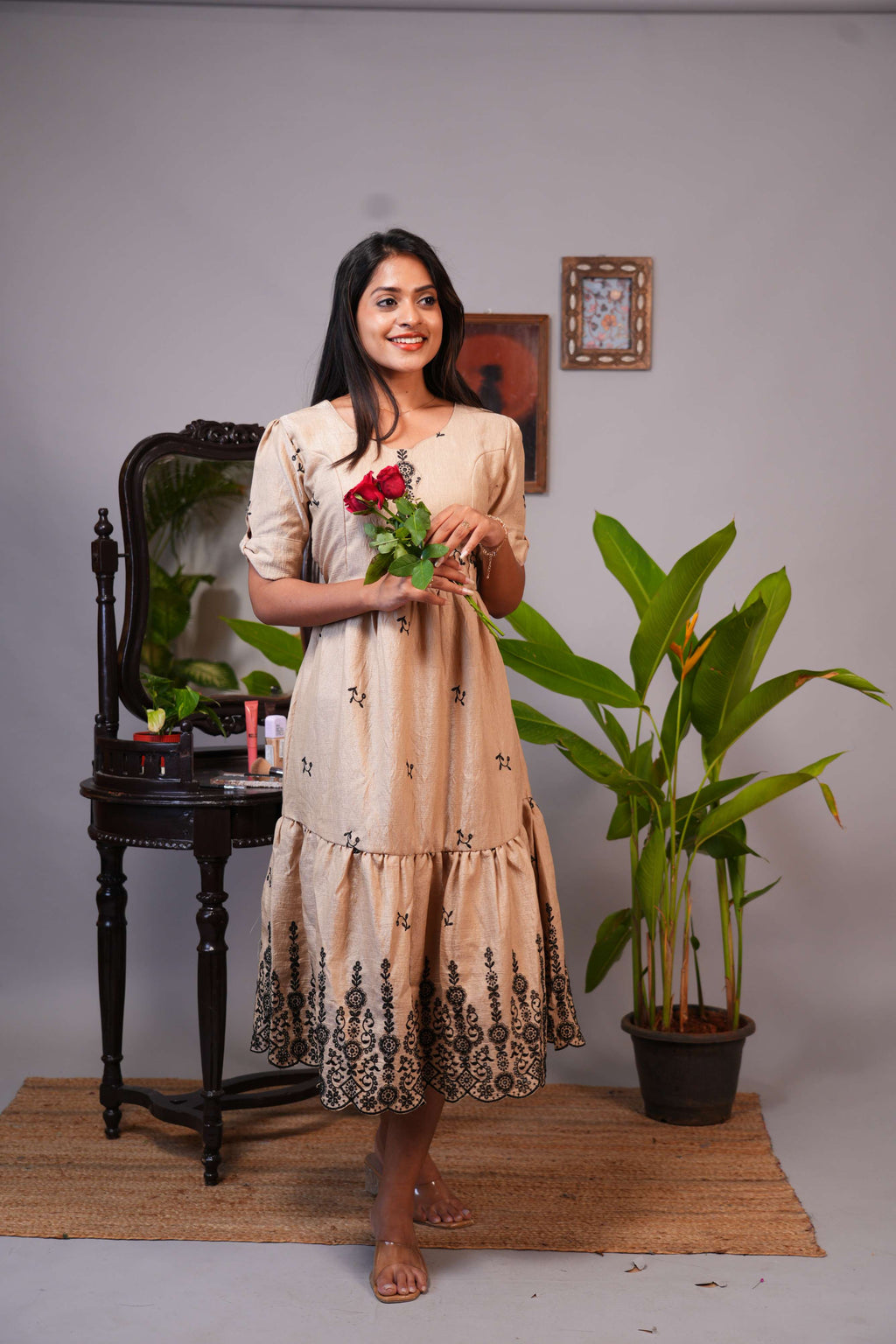 Elegant Beige Embroidered Tiered Midi Dress