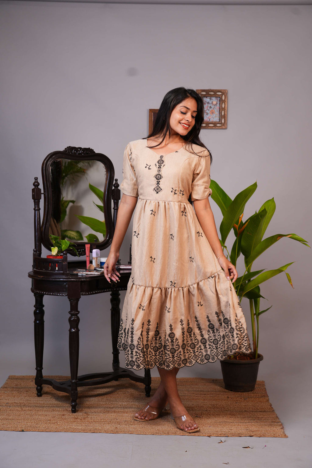 Elegant Beige Embroidered Tiered Midi Dress