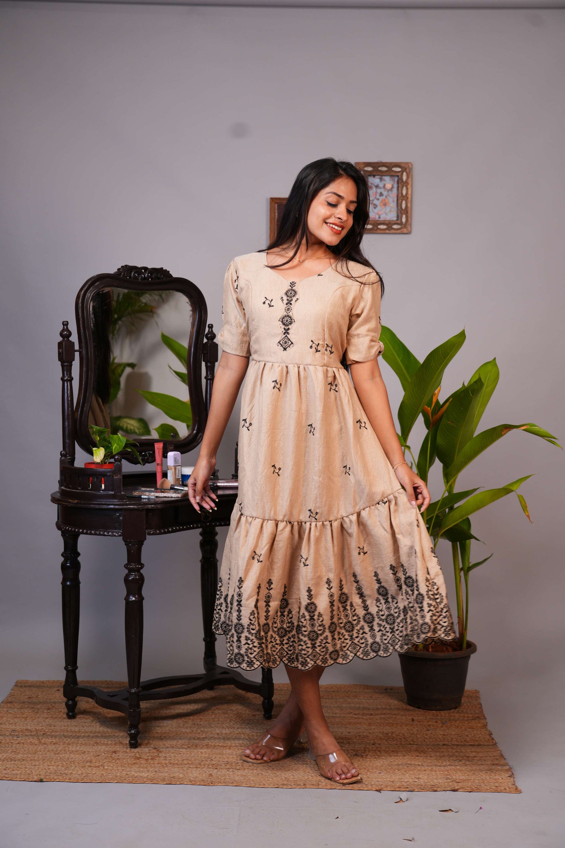 Elegant Beige Embroidered Tiered Midi Dress