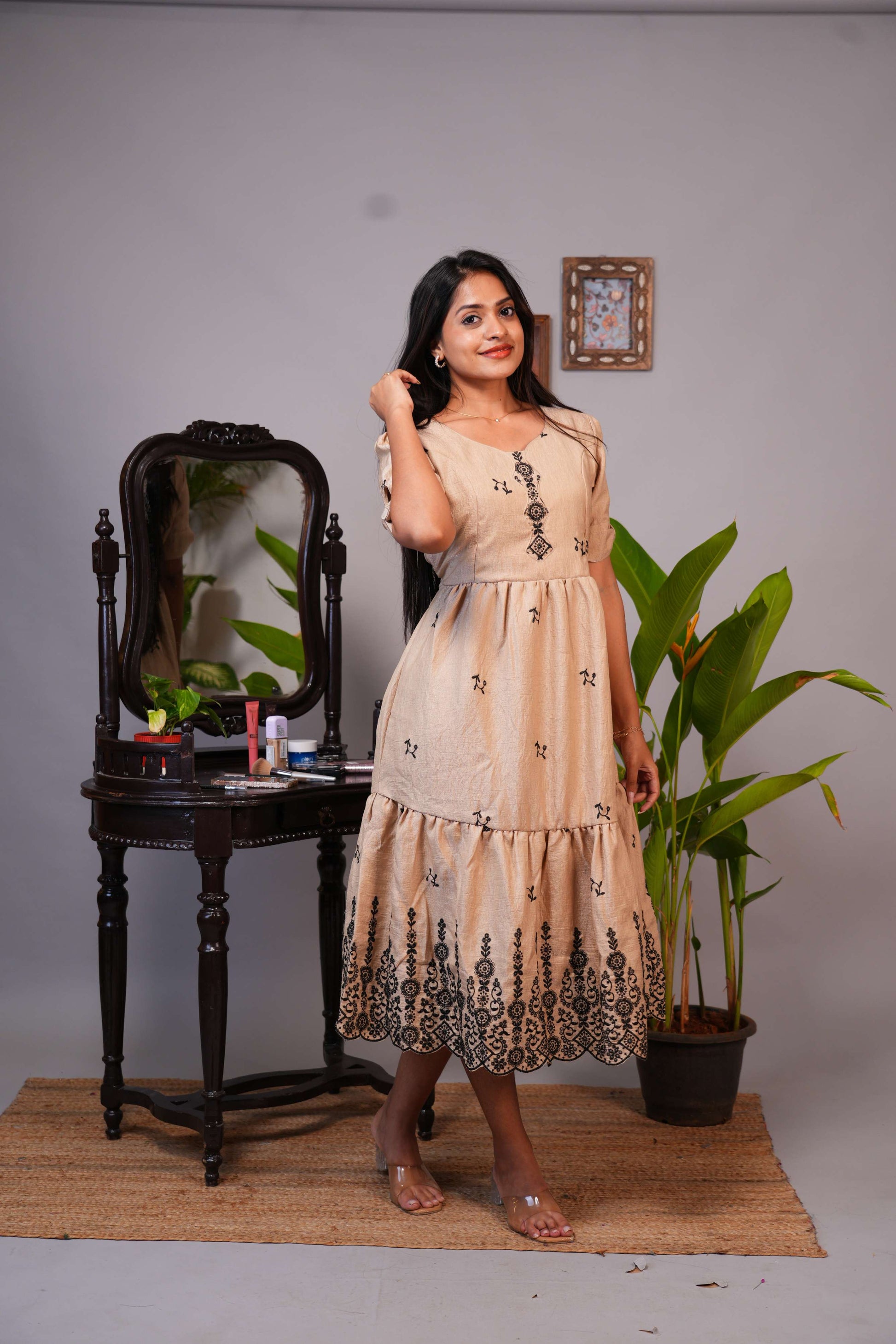 Elegant Beige Embroidered Tiered Midi Dress
