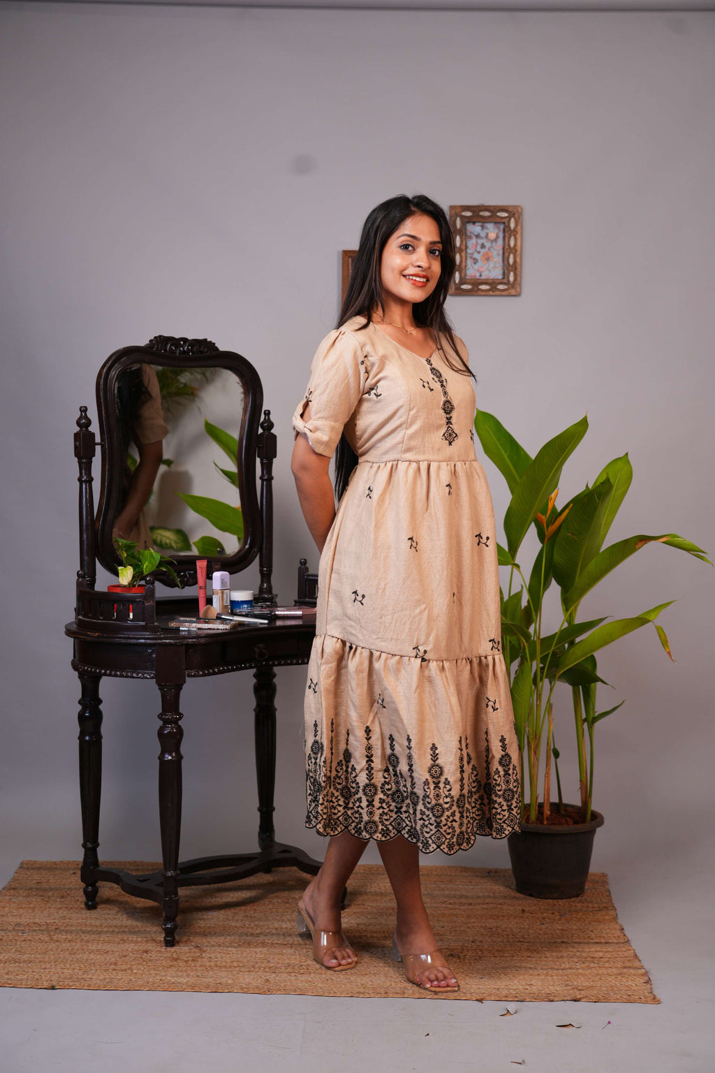 Elegant Beige Embroidered Tiered Midi Dress