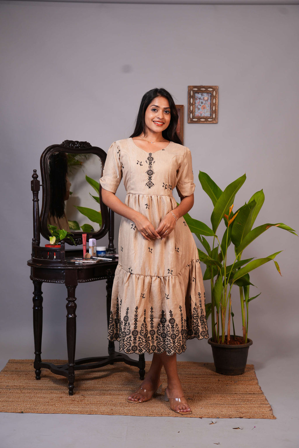 Elegant Beige Embroidered Tiered Midi Dress