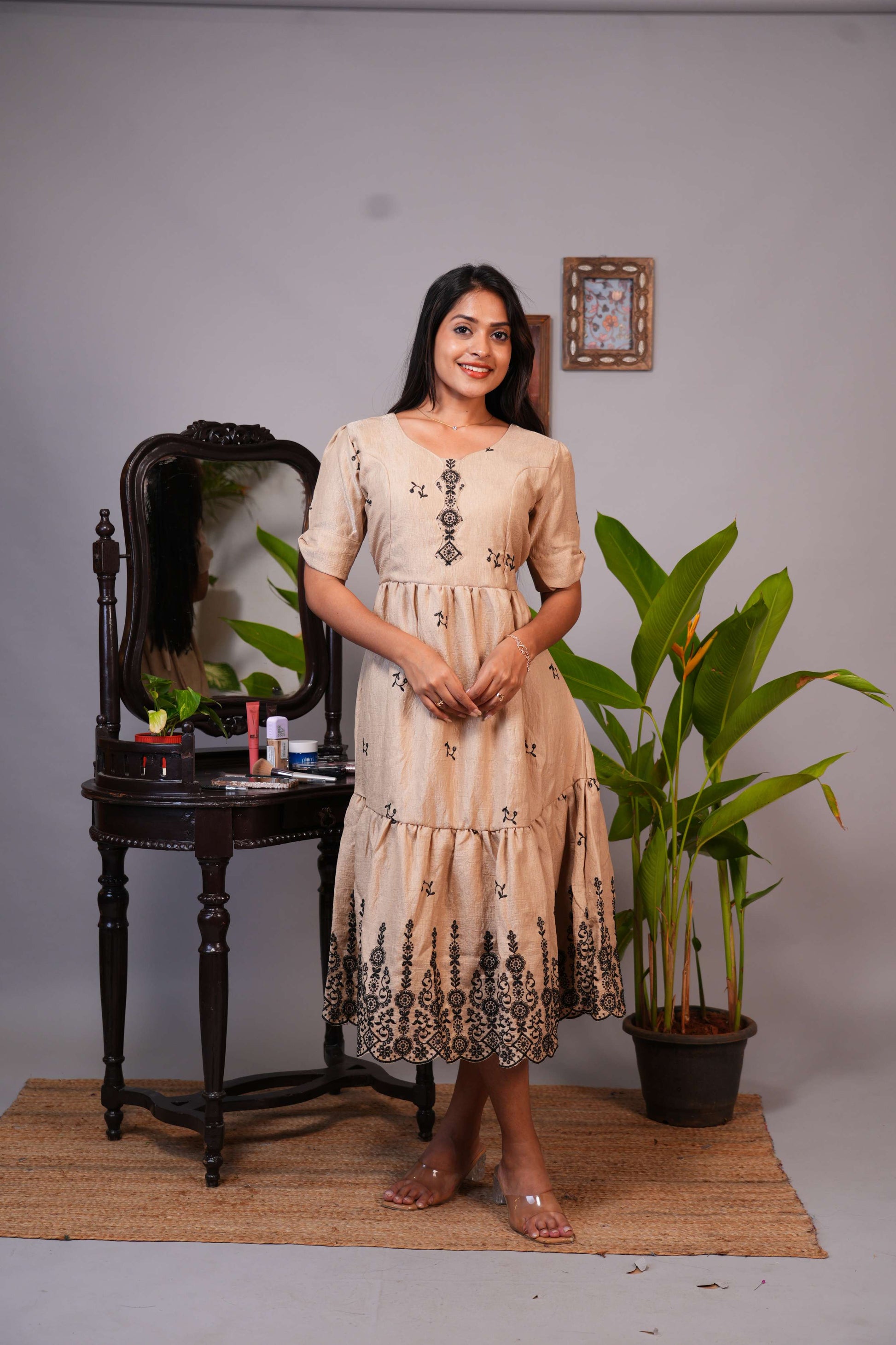 Elegant Beige Embroidered Tiered Midi Dress