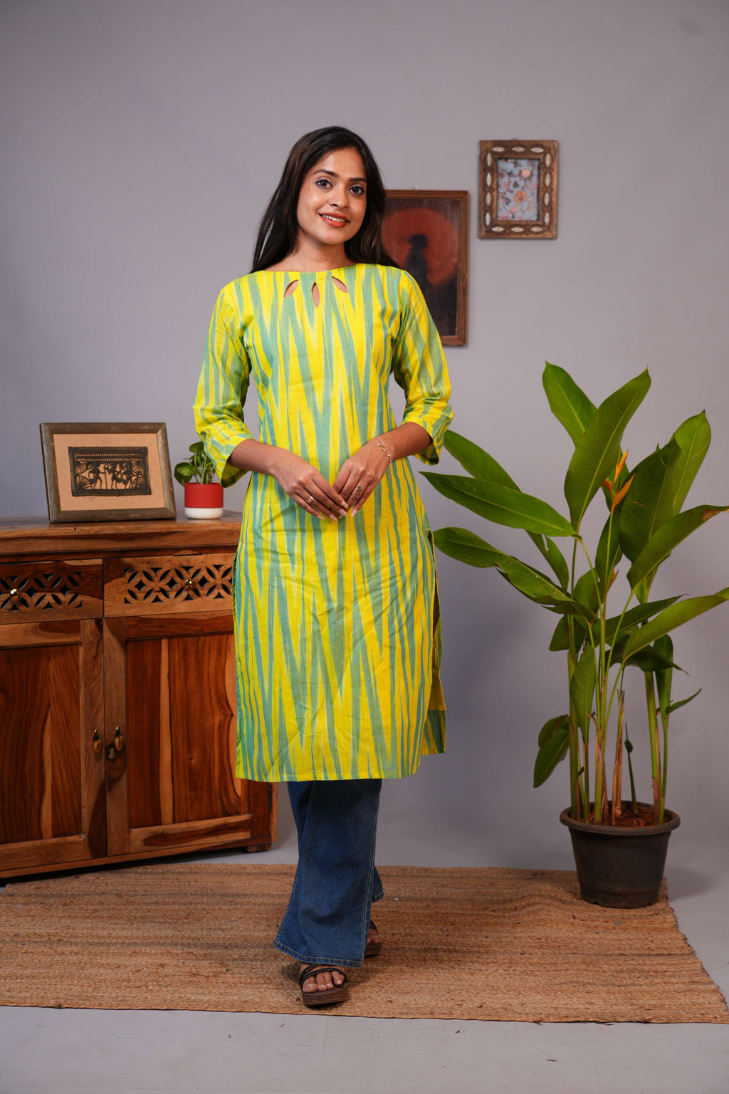 Vibrant Ikat Print Straight Cotton Kurta with Boat Neck Neckline