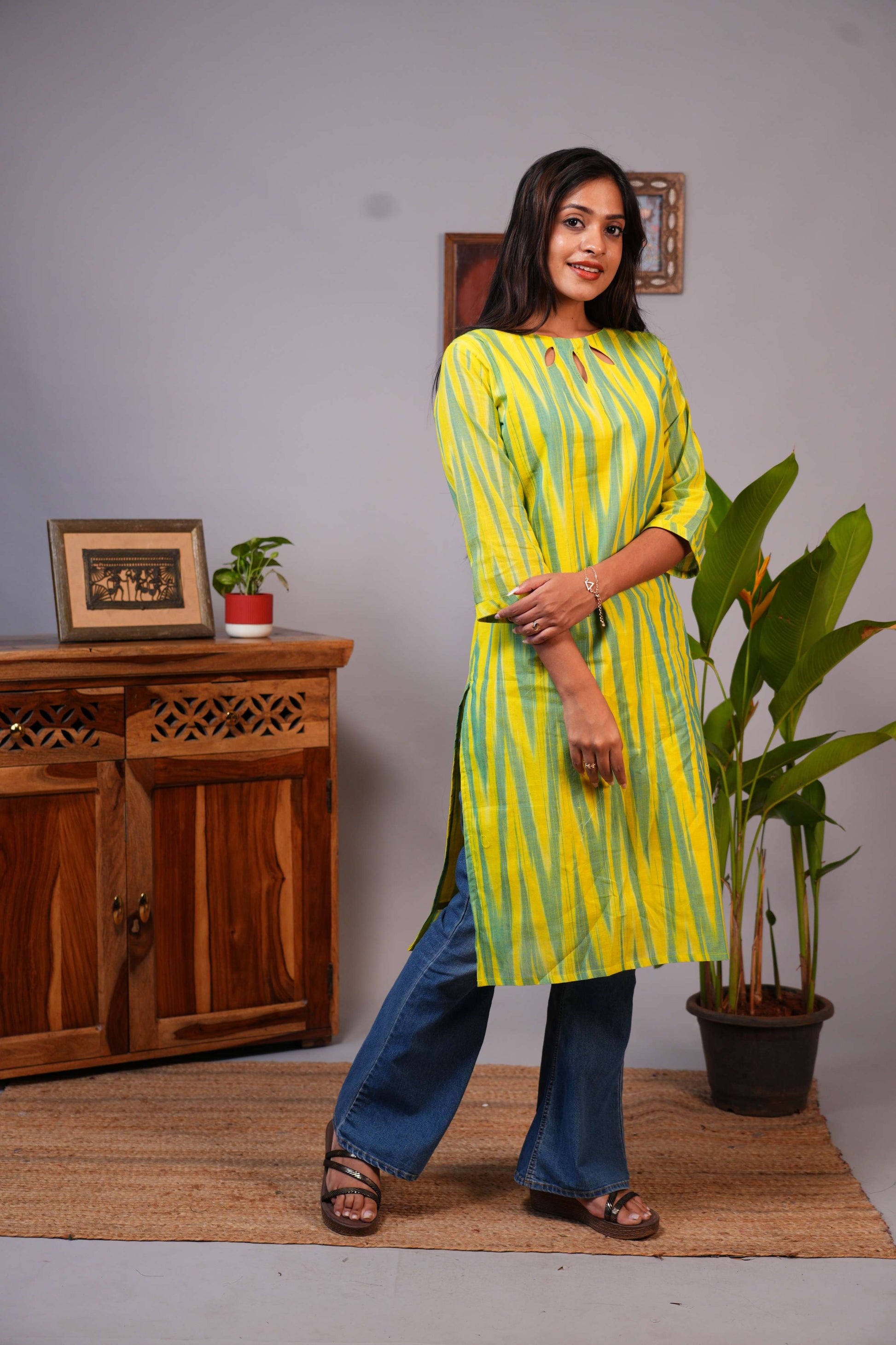 Vibrant Ikat Print Straight Cotton Kurta with Boat Neck Neckline