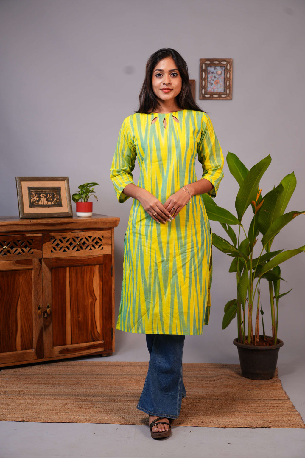Vibrant Ikat Print Straight Cotton Kurta with Boat Neck Neckline