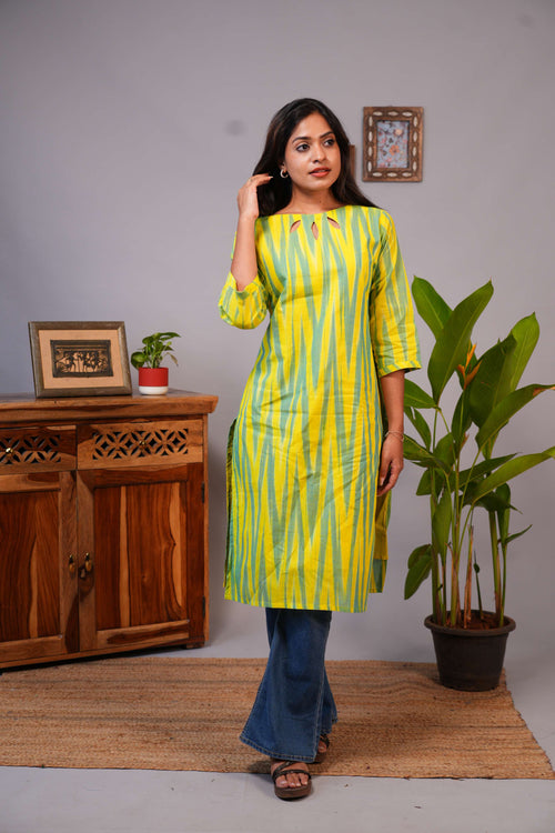 Vibrant Ikat Print Straight Cotton Kurta with Boat Neck Neckline