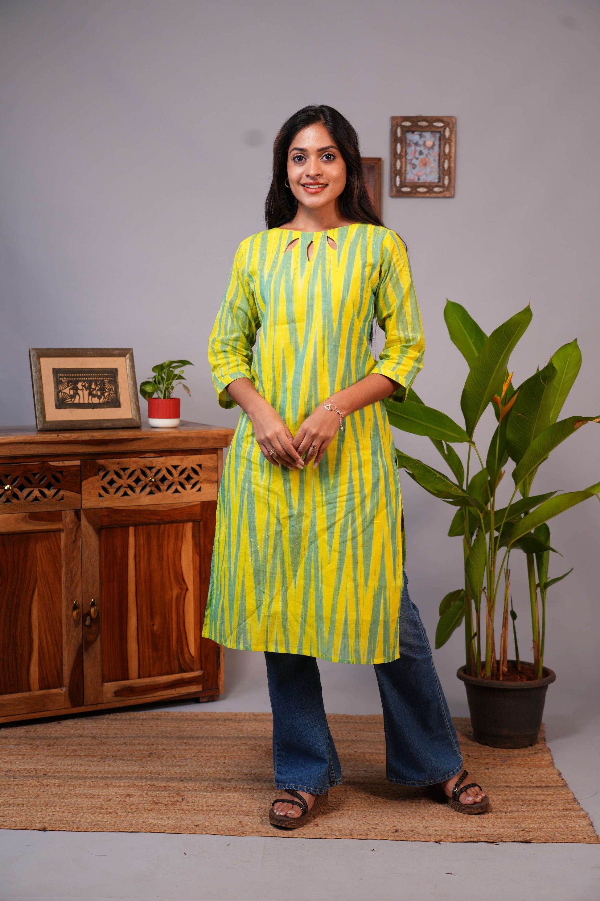 Vibrant Ikat Print Straight Cotton Kurta with Boat Neck Neckline