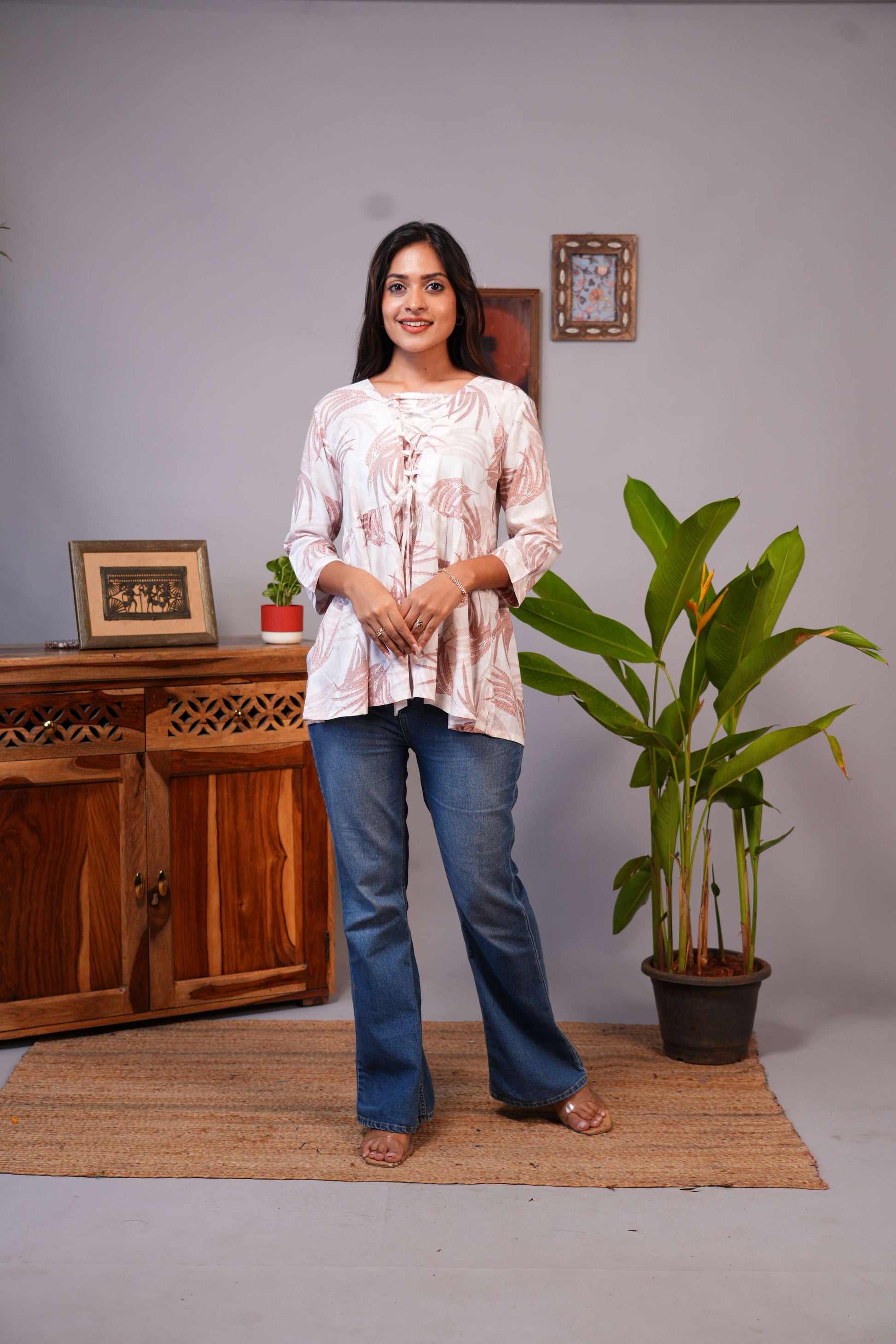Women's Tropical Leaf Print Lace-Up Flared Tunic Top