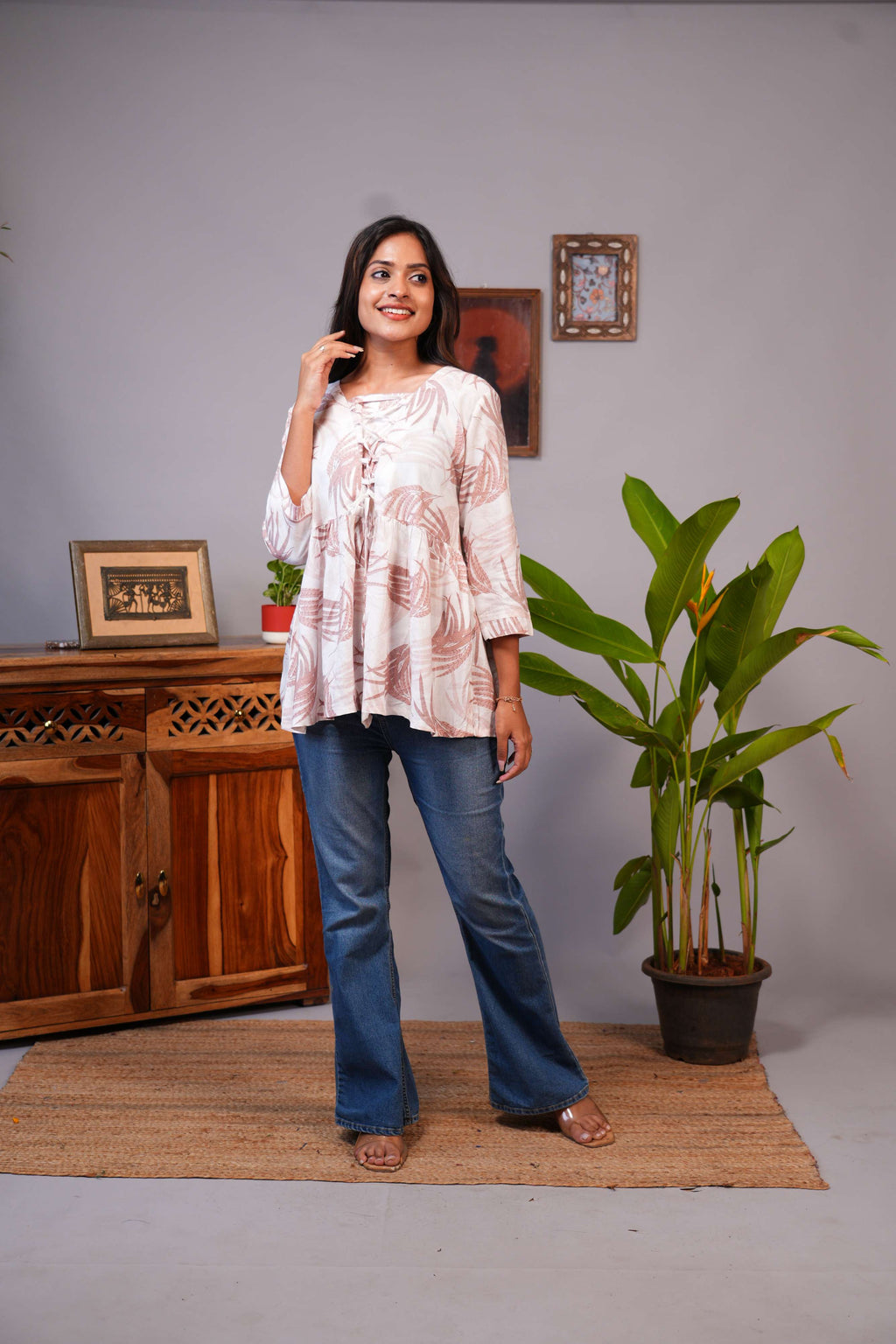 Women's Tropical Leaf Print Lace-Up Flared Tunic Top