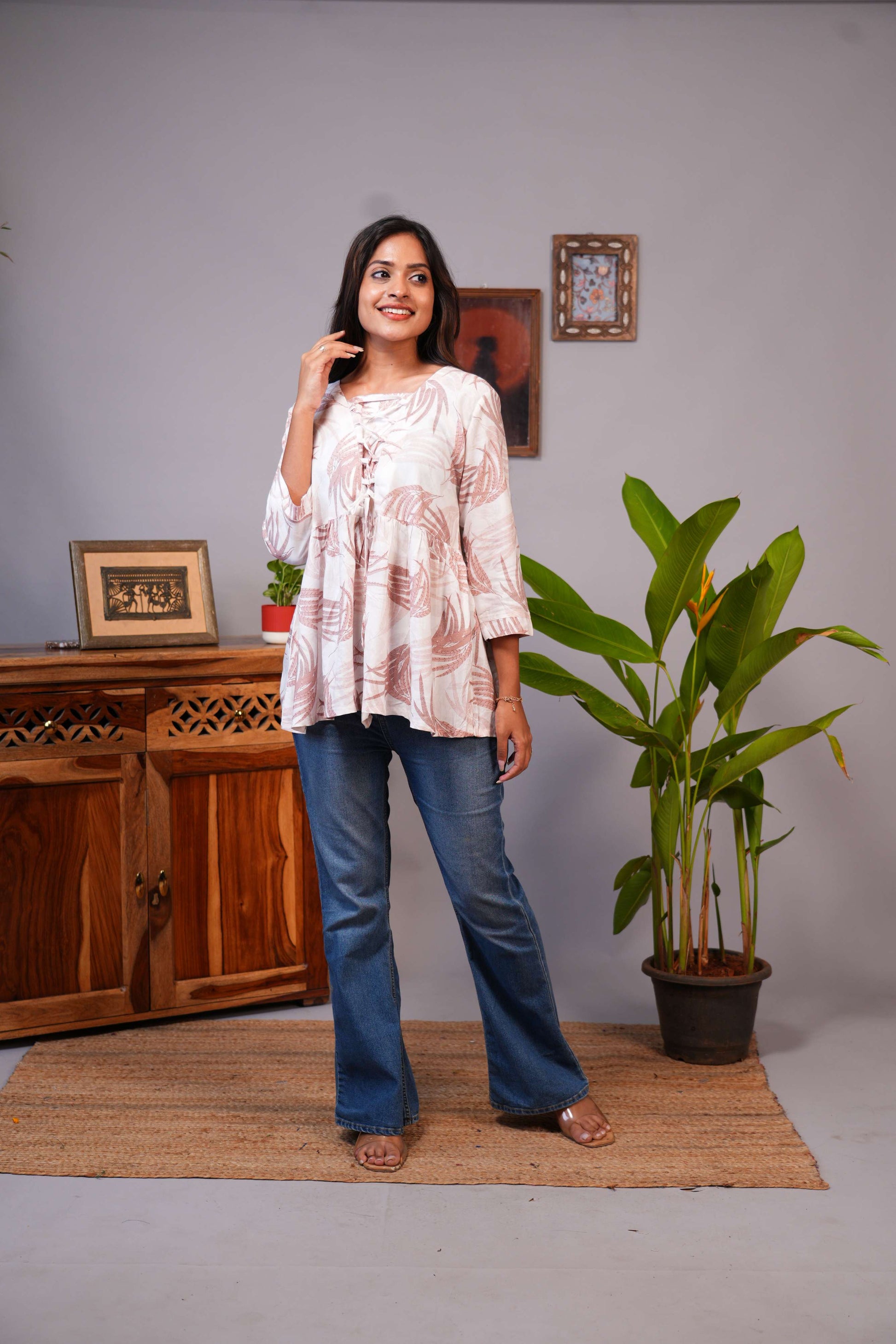 Women's Tropical Leaf Print Lace-Up Flared Tunic Top
