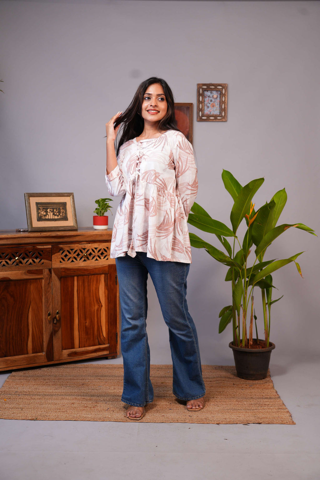 Women's Tropical Leaf Print Lace-Up Flared Tunic Top