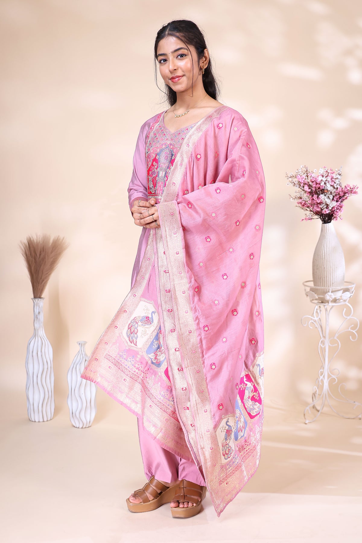 Pink Silk Blend Embroidered Three Piece Suit Set | V2Trendy1