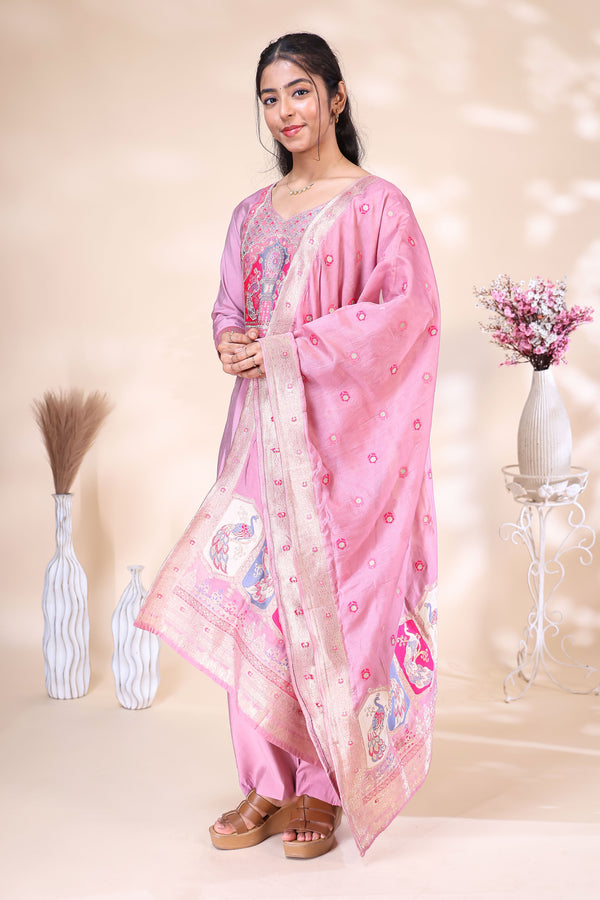 Pink Silk Blend Embroidered Three Piece Suit Set | V2Trendy1