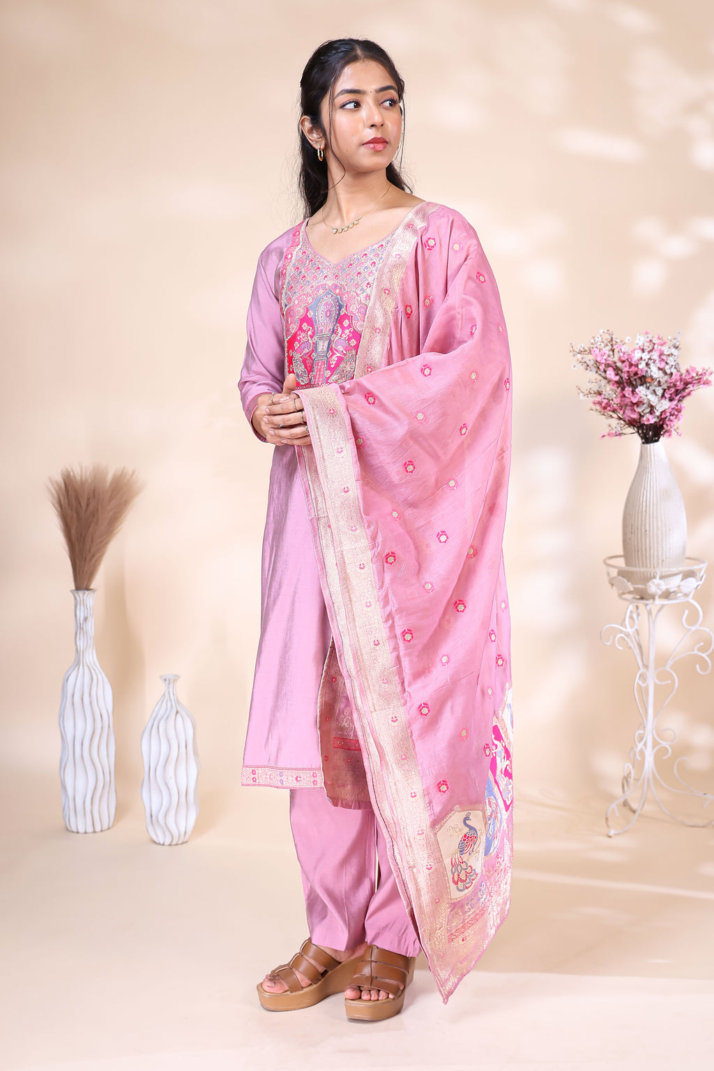 Pink Silk Blend Embroidered Three Piece Suit Set | V2Trendy2