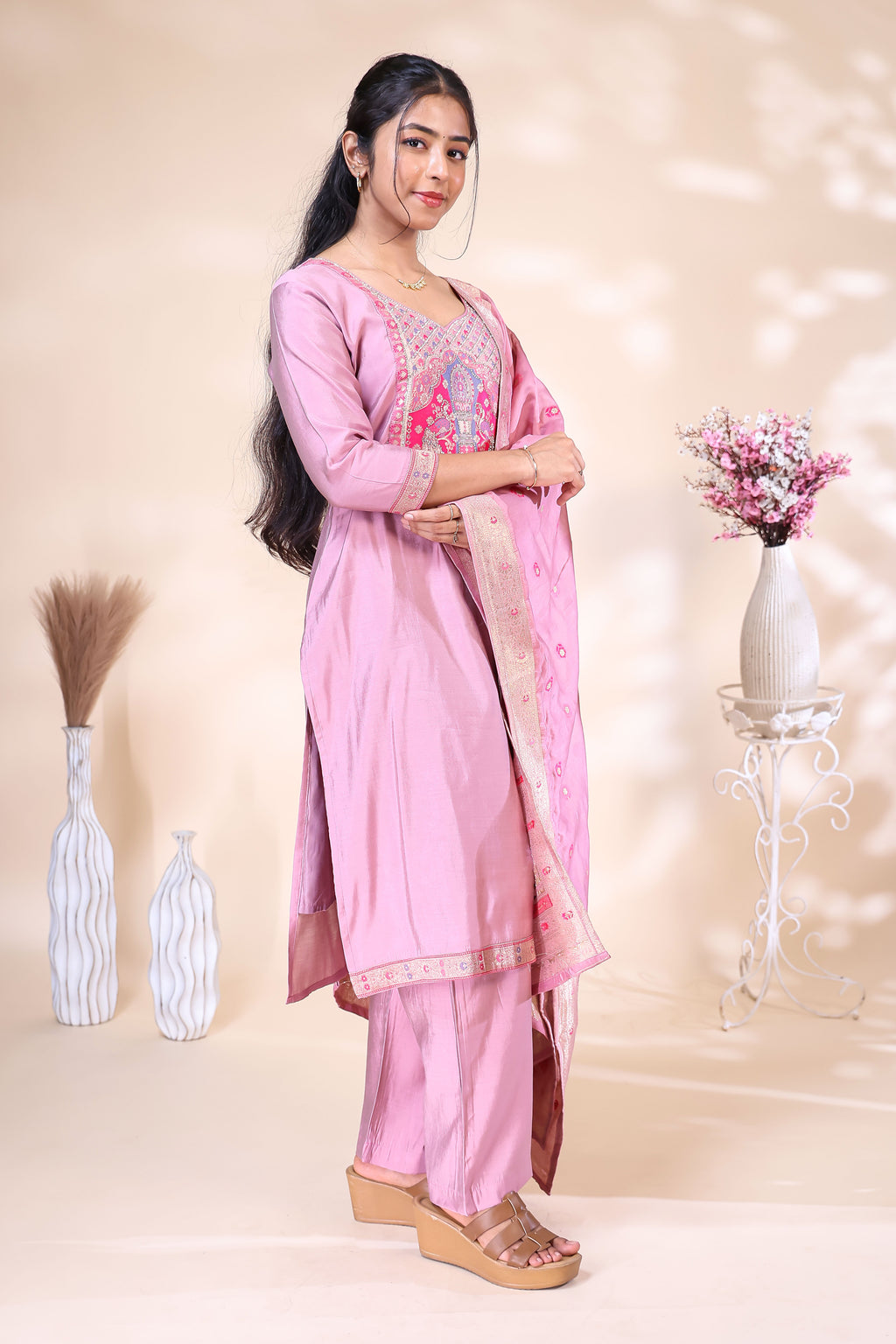 Pink Silk Blend Embroidered Three Piece Suit Set | V2Trendy4