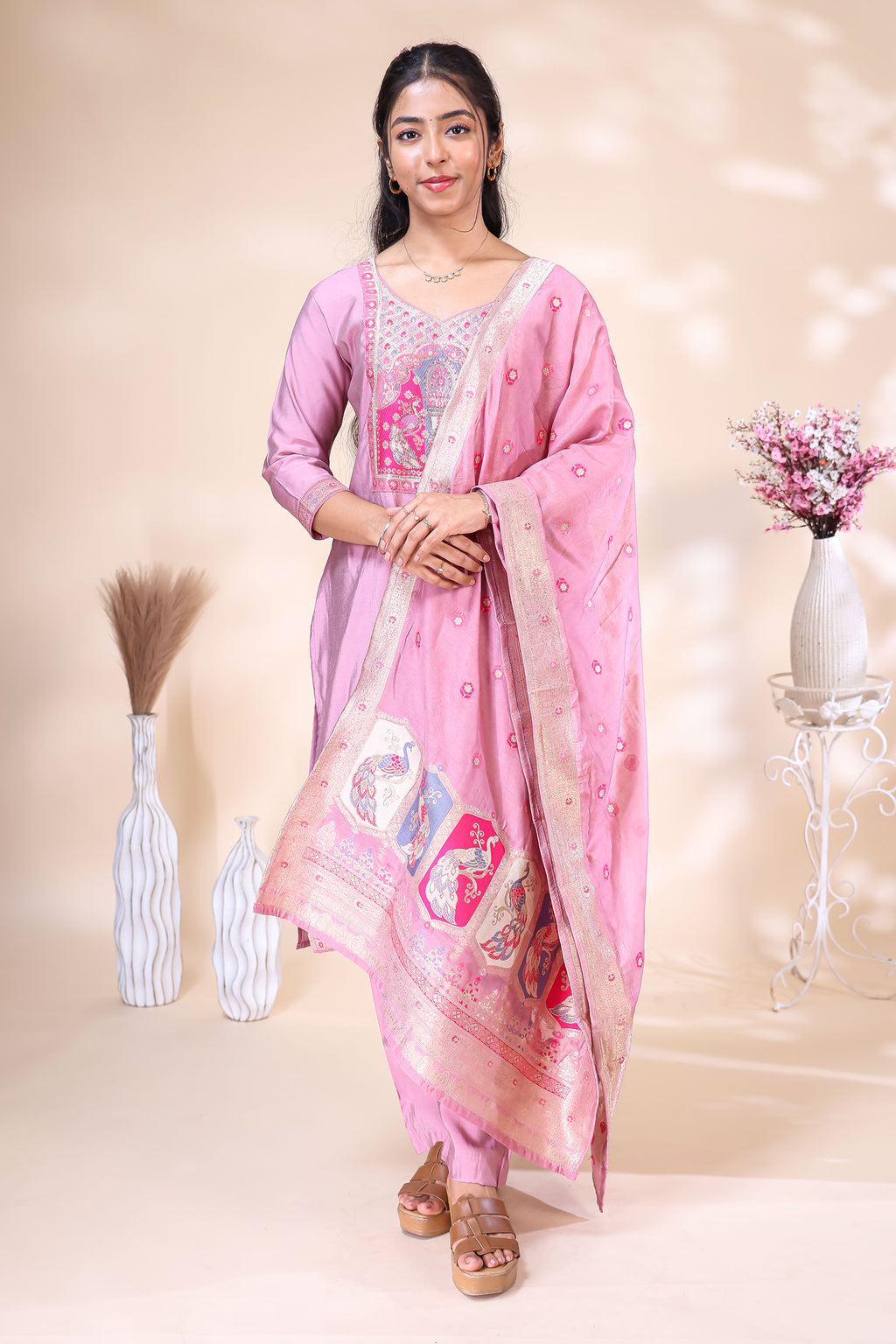 Pink Silk Blend Embroidered Three Piece Suit Set | V2Trendy5