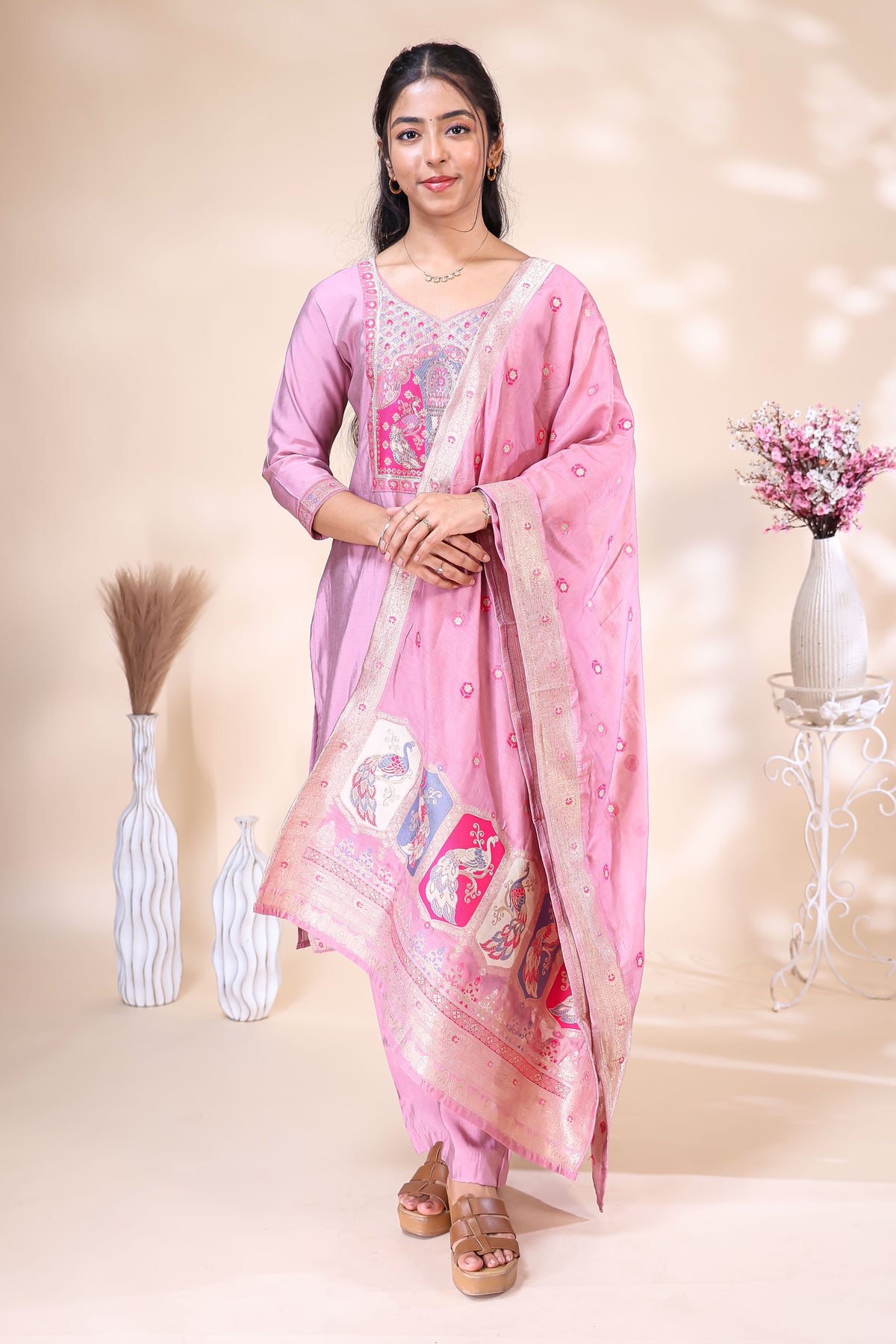 Pink Silk Blend Embroidered Three Piece Suit Set | V2Trendy5