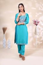 Teal blue embroidered kurta and dupatta set for festive wear