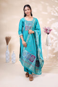 Teal blue embroidered silk blend three piece suit set with matching dupatta for women1
