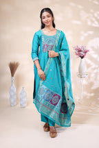 Teal blue embroidered silk blend three piece suit set with matching dupatta for women1