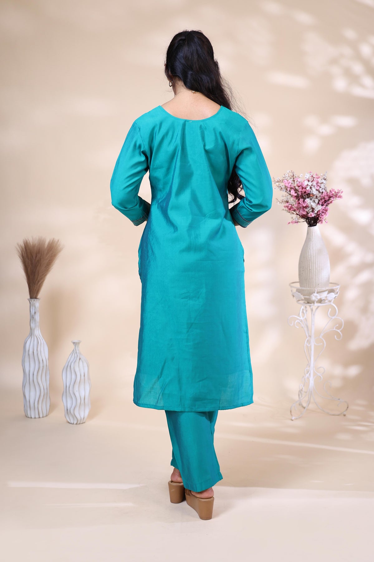 Teal blue ethnic three piece suit with matching dupatta detailing-Back
