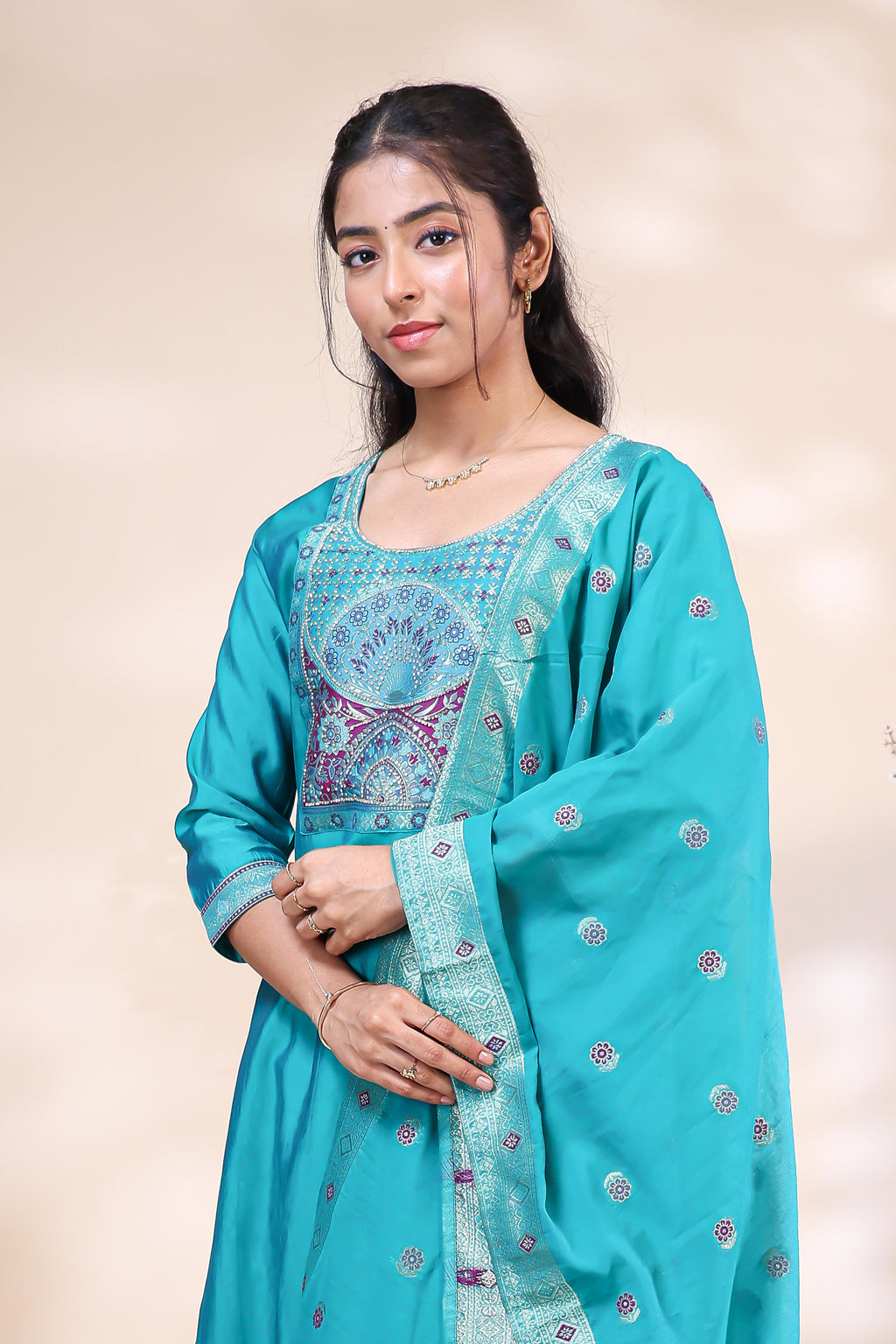 Teal blue ethnic three piece suit with matching dupatta detailing