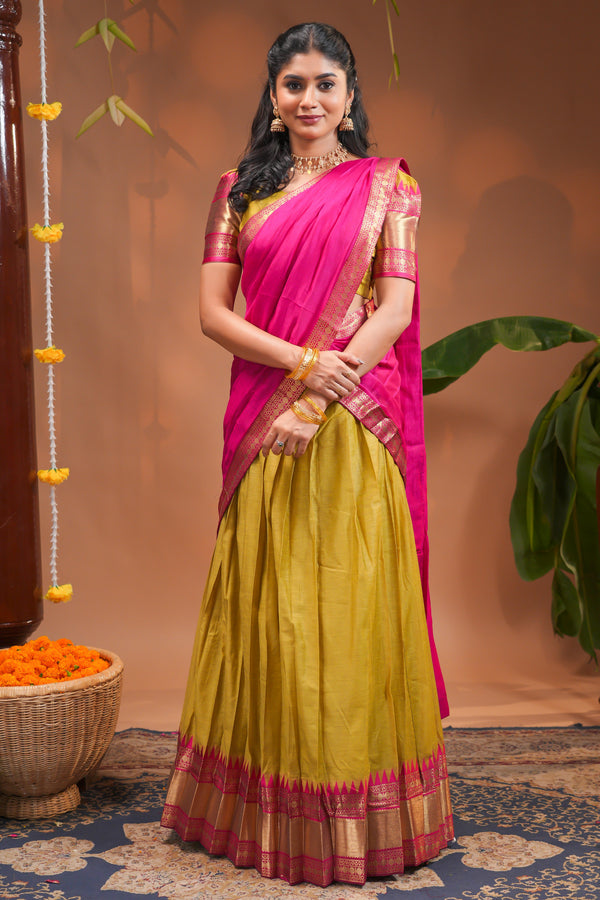 Yellow & Pink Silk Half Saree Lehenga Set for women | V2Trendy1
